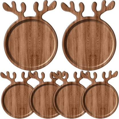 6 Pack Christmas Acacia Wood Charcuterie Boards with Deer Antler Handles - 12 Inch