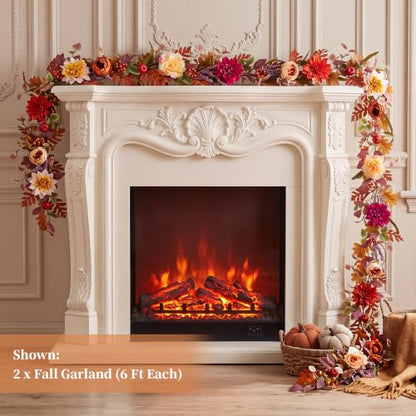 Fall Garland with Flowers for Mantle, 6ft Autumn Decorations for Home