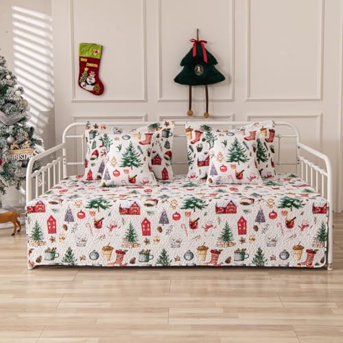 Christmas Daybed Cover Set Twin - Red Green Snowflake & Reindeer 39x75 with Shams