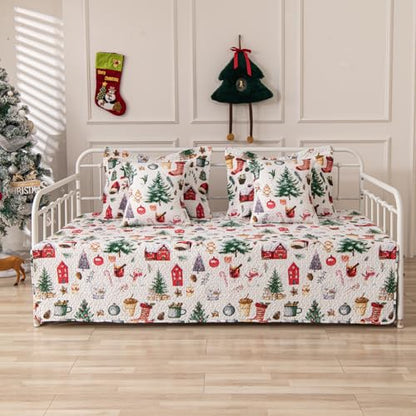 Christmas Daybed Cover Set Twin - Red Green Snowflake & Reindeer 39x75 with Shams