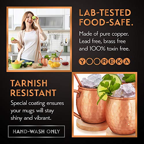 Copper Moscow Mule Mugs Set of 4 - Oval Handcrafted 16 oz Copper Cups with Straws & Coasters