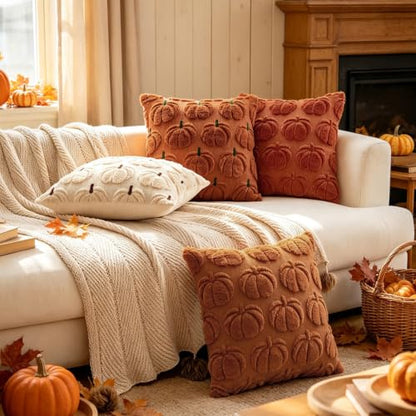 Fall Pumpkin Plush Throw Pillow Covers 18x18 Set of 2 - Rust, Autumn Decor