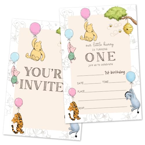 Winnie First Birthday Invitations Set with Envelopes - 25 Pack