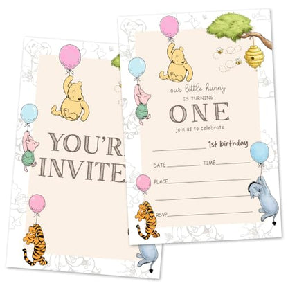 Winnie First Birthday Invitations Set with Envelopes - 25 Pack