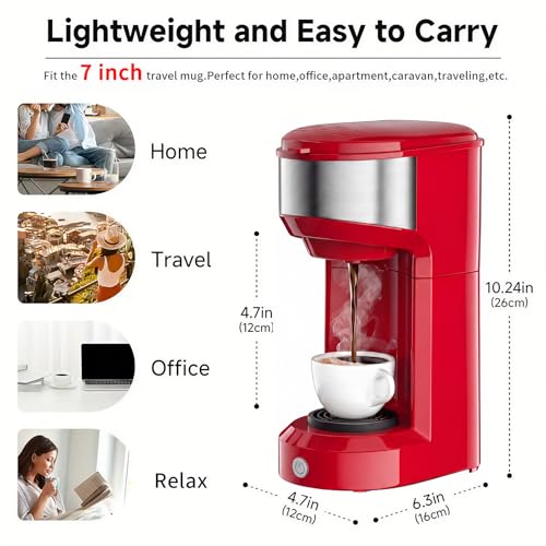 Red Single Serve Coffee Maker with K Cup & Ground Coffee Options - Compact & Fast Brewing