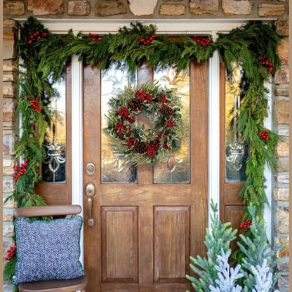 20 Inch Christmas Wreath with Holly Leaves - Artificial Door Holiday Decor