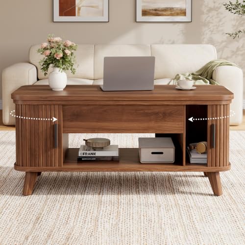 Mid Century Modern Lift Top Coffee Table Brown - Wooden Fluted Storage