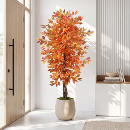 6FT Artificial Ficus Tree with Autumn Fall Foliage - Realistic Seasonal Decor Orange