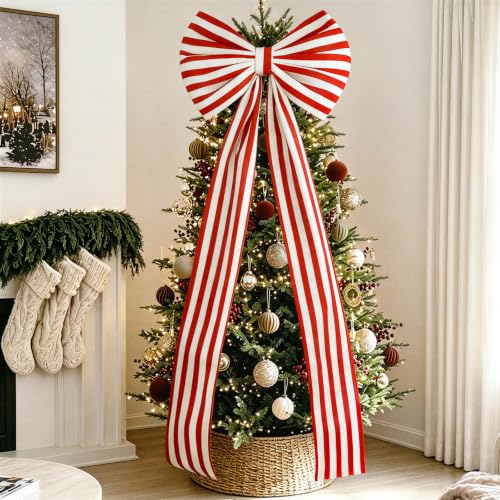 Giant Red and White Striped Christmas Bow - 6.5 Ft Holiday Tree & Door Decor