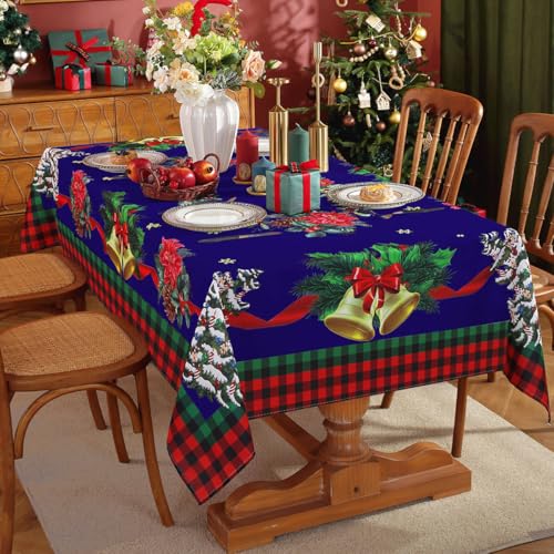Blue Christmas Tablecloth 60x140 Inch Rectangular Poinsettia Plaid Washable Spillproof