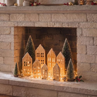 12-Piece Wooden Christmas Village Set with LED Lights and Mini Trees