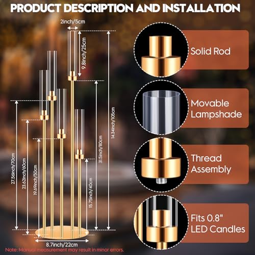 8-Piece Gold Candle Holder Set - 41.3 Inch Tall Home Decor with 5 Arms - Only Holders