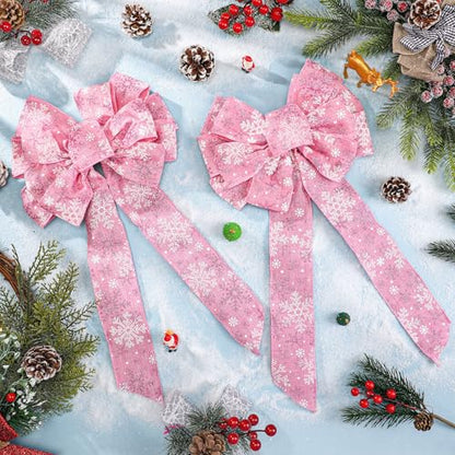 Pink Velvet Christmas Bow Set - Wired Snowflake Holiday Decorations, 6 Pcs