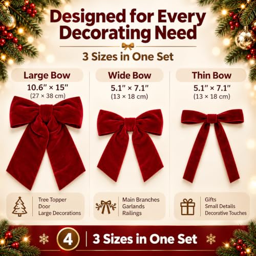 25 Pcs Burgundy Velvet Christmas Bows for Tree Wreath Garland & Gift Wrap