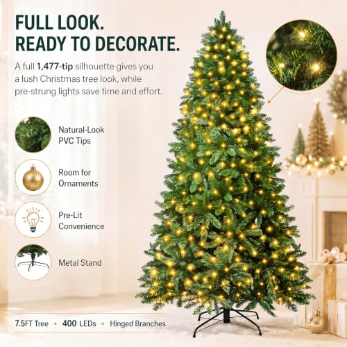 7.5FT Pre-Lit Artificial Christmas Tree with RGB LEDs - Green, Remote Control
