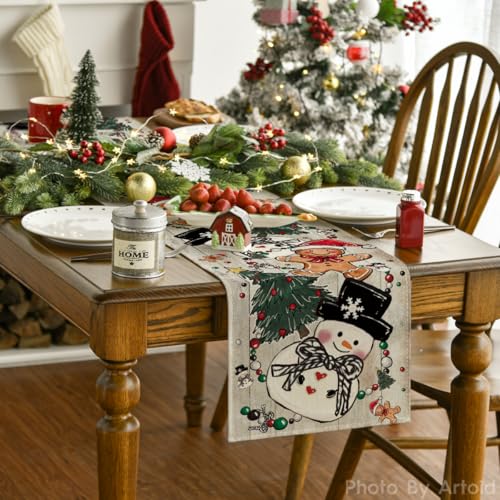 Snowman Gingerbread Table Runner 13x60 Inch Home Decor - Wood Variation