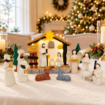 15-Piece Christmas Nativity Scene Set with Lighted Stable and Figures