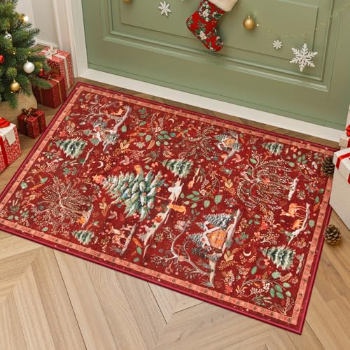 2' x 3' Christmas Entryway Rug - Non Slip Holiday Welcome Mat, Red