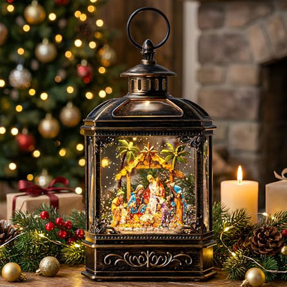 10.1-Inch Nativity Snow Globe Lantern with Music & Swirling Glitter - Christmas Decoration Gift