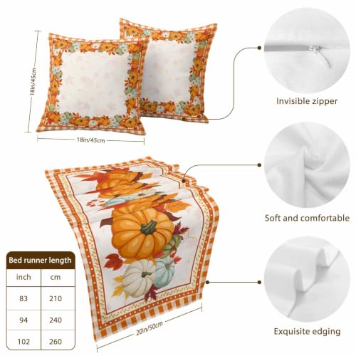 Fall Bed Runner with Matching Pillow Covers - Cal King Size 102x20 Orange Maple Leaves & Pumpkin Decor