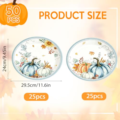50Pcs Thanksgiving Oval Paper Plates 10x12 Inch Fall Watercolor Pumpkins