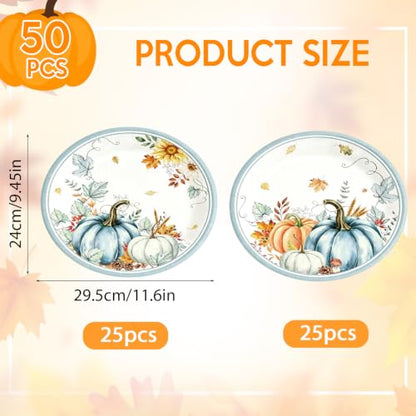 50Pcs Thanksgiving Oval Paper Plates 10x12 Inch Fall Watercolor Pumpkins