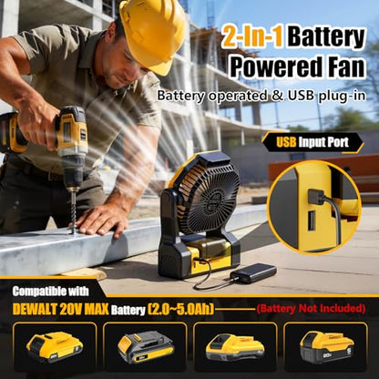 Yellow Battery-Operated Portable Fan for Dewalt 20V Max - 4 Speeds & Lights