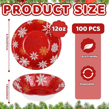 Disposable Winter Paper Bowls Set - Red White Snowflake Pattern, 12 Oz, 100 Pack