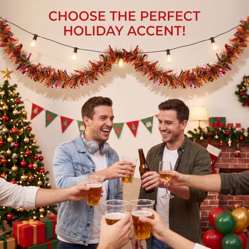 Christmas Tinsel Garland Set - 3 Pack, 59 ft Each, Red Blue Yellow Green - Holiday Decor