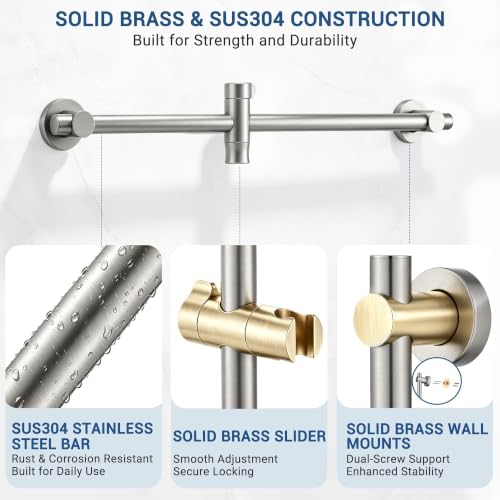 Brushed Nickel Handheld Shower Head with Slide Bar - 9 Spray Modes & Brass Holder