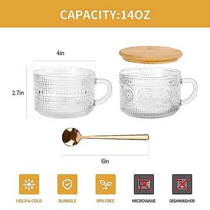 Vintage Glass Coffee Tea Cups Set - 4 Pack 14 oz Embossed Clear Mug with Handles & Spoons