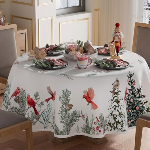 Christmas Round Tablecloth 60x60 Inch Pine Tree Birds Winter Decor Washable