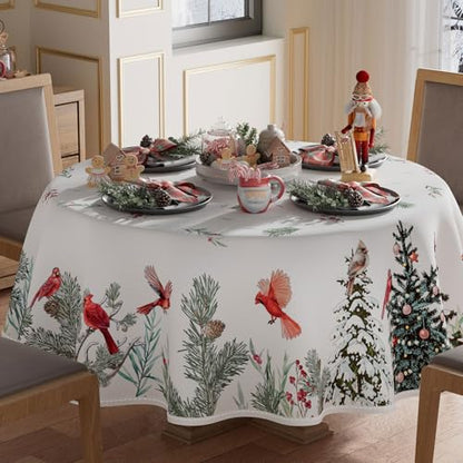 Christmas Round Tablecloth 60x60 Inch Pine Tree Birds Winter Decor Washable