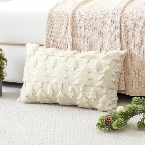 Christmas Tree Throw Pillow Cover 12x20in Faux Fur Wool Decorative Cushion - Cream Beige