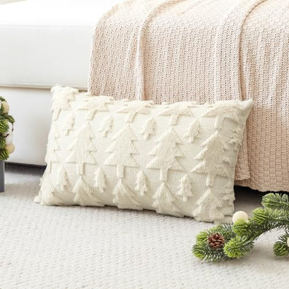 Christmas Tree Throw Pillow Cover 12x20in Faux Fur Wool Decorative Cushion - Cream Beige