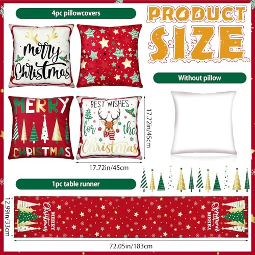 Christmas Table Runner & Pillow Covers Set - Star Pattern, 18x18 Inch, Holiday Decor