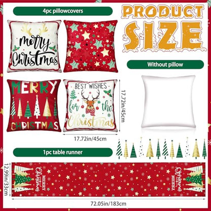 Christmas Table Runner & Pillow Covers Set - Star Pattern, 18x18 Inch, Holiday Decor