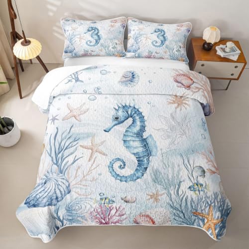 Kids Full Size Seahorse Quilt Set - Light Blue Nautical Marine Animal Bedding
