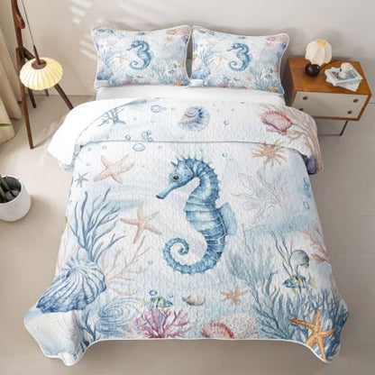 Kids Full Size Seahorse Quilt Set - Light Blue Nautical Marine Animal Bedding