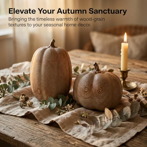 Faux Wood Grain Resin Pumpkins Set of 2 Fall Decor for Thanksgiving
