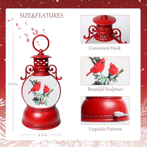 Red Snow Globes with Cardinal Lantern Music Box - 8 Songs, Timer, USB & Battery Power, Christmas Home Decor Gift