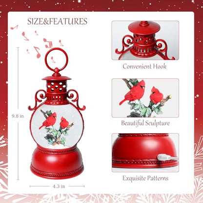 Red Snow Globes with Cardinal Lantern Music Box - 8 Songs, Timer, USB & Battery Power, Christmas Home Decor Gift