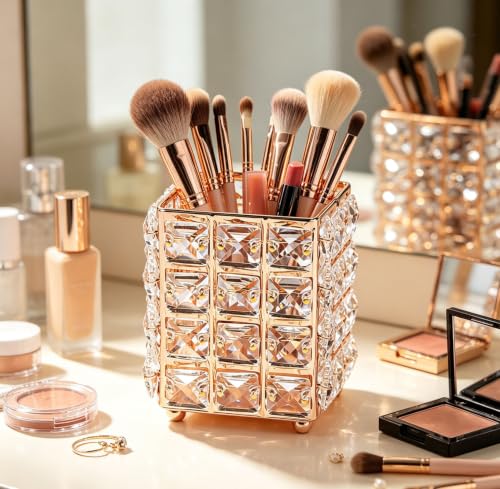Gold Square Crystal Makeup Brush Holder Cosmetic Organizer - Durable & Elegant