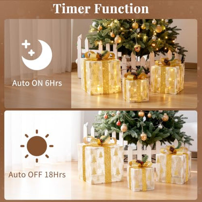 Lewondr Golden Christmas Lighted Gift Boxes Set - Glitter Xmas Tree Pattern, USB Powered with Remote Control