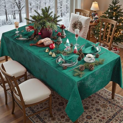 Christmas Green Poinsettia Tablecloth 60 x 120 Inch Rectangular Jacquard Polyester