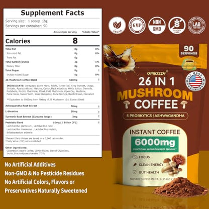 Mushroom Coffee - Instant Coffee with 26 Mushroom Complex, 6.35 oz, 90 Servings