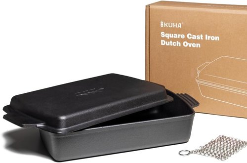 KUHA Square Cast Iron Dutch Oven 2-in-1 - Pre-Seasoned Cookware with Skillet Lid & Casserole Dish | 13" x 9", 6 QT