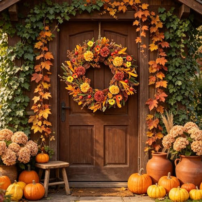 Autumn Orange Hydrangea Wreath - 22-Inch Fall Front Door Decor with Pumpkins & Berry Accents