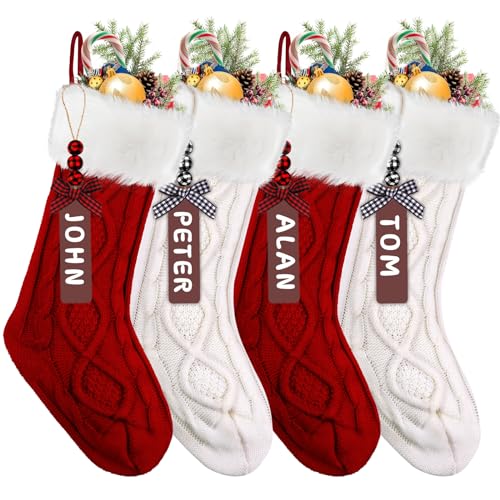 Christmas Stockings Set 4 Pack 18 Inch Cable Knitted Red White Personalized Holiday Decor