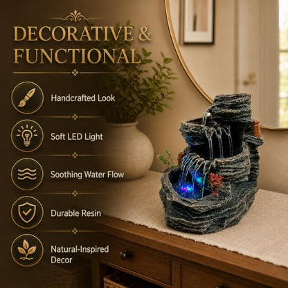 Indoor Tabletop Water Fountain with LED Light - 9.25 Inch Cascading Rock - Feng Shui Zen Decor